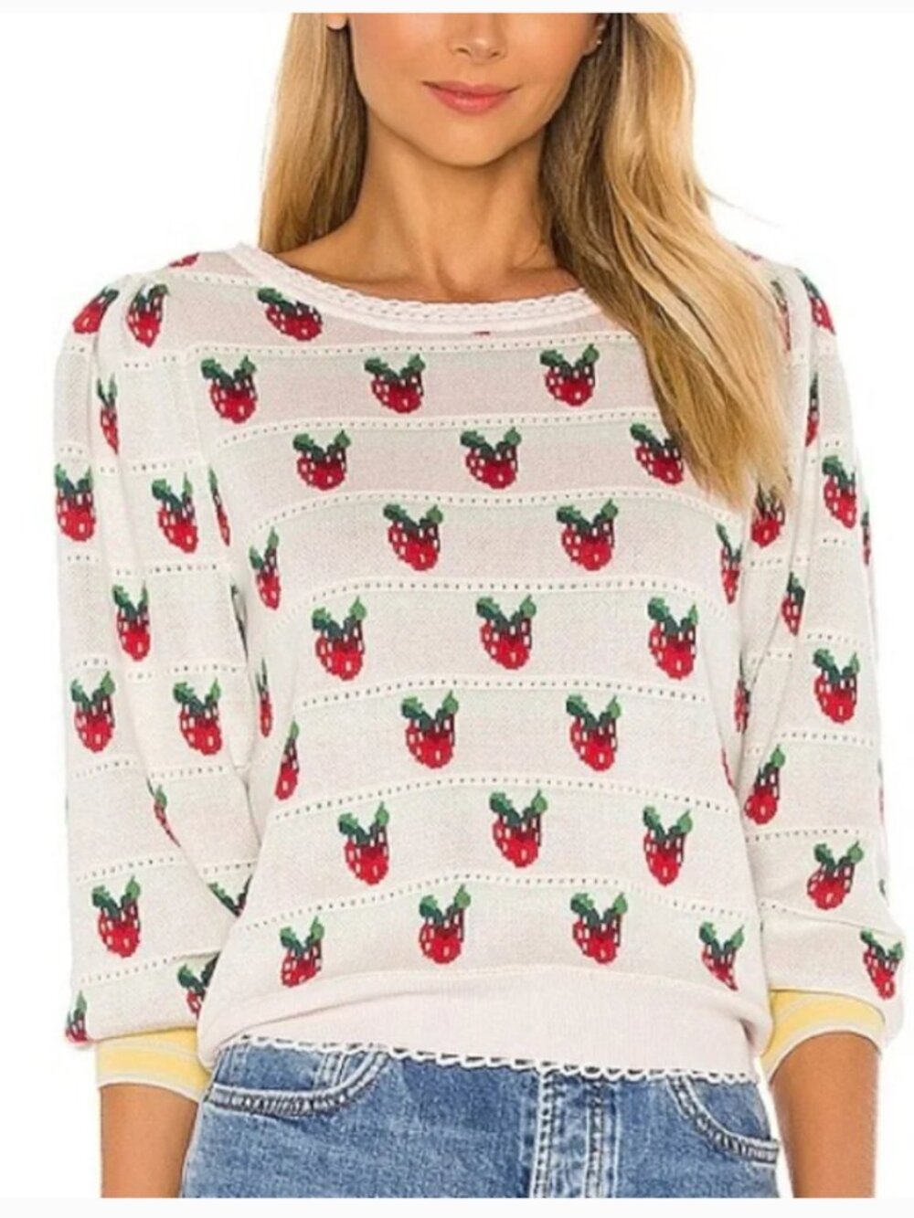 LoveShackFancy Isha Strawberry Print Sweater Pima Cotton Modal Size XS